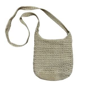 The Sak Beige Macrame Crochet Crossbody Purse Multi Pocket Boho Shoulder Bag